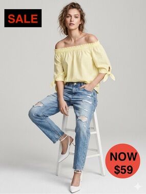 H&M LOGG Butter Yellow Pinstripe Off-The-Shoulder Blouse 6*